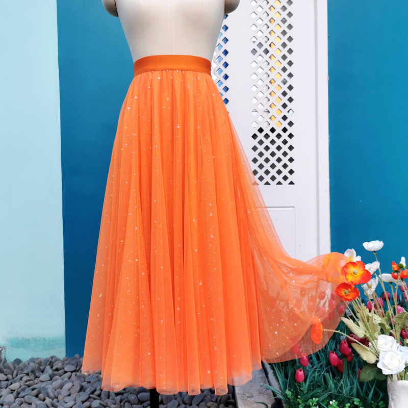 桔色翠绿色中长款显瘦大摆纱裙