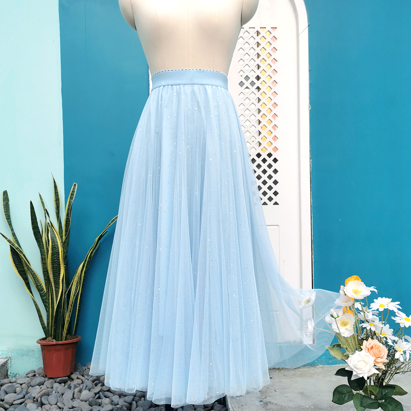 蓝色网纱半身裙女夏2022新款a裙