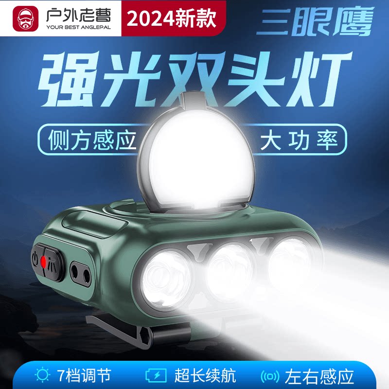 户外老曹渔具店三眼鹰高亮强光超亮头灯长续航头戴式