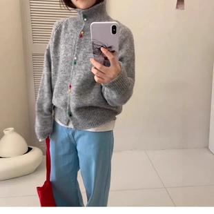慵懒风高级感洋气宽松软糯针织开衫 2025秋冬季 彩扣高领毛衣外套女
