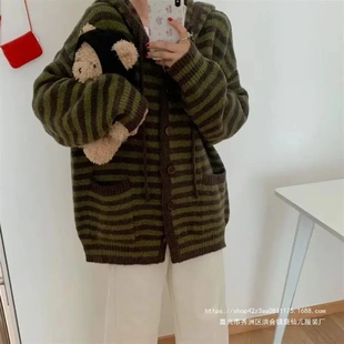 女 初秋季 新款 宽松简约撞色毛衣外套女潮盐系经典 条纹连帽针织开衫