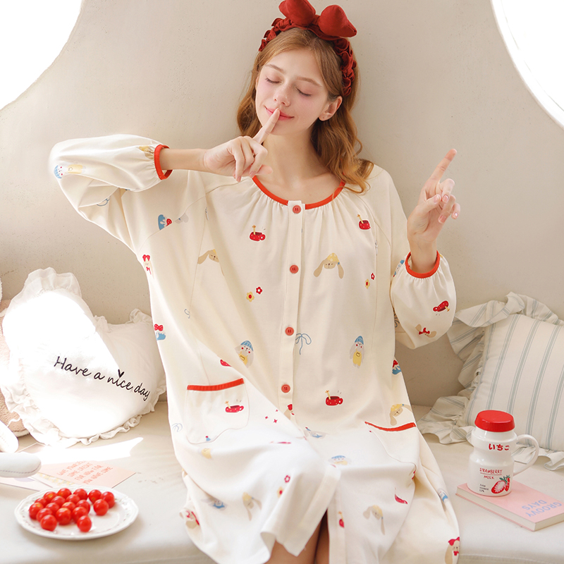 家时光哺乳睡裙秋冬季产后纯棉连衣裙孕妇裙产妇进产房待产家居裙