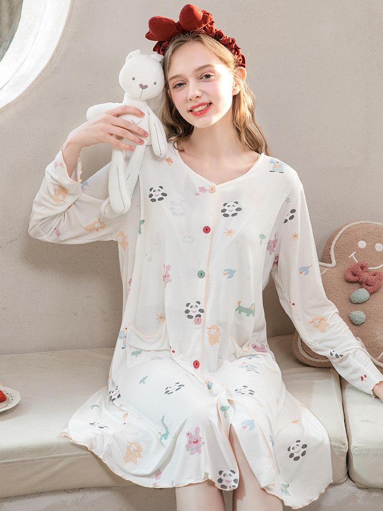 홈 시간 모유 수유 잠옷 여름 얇은 산후 모달 얼음 실크 코튼 출산 잠옷 복장 출산 복장