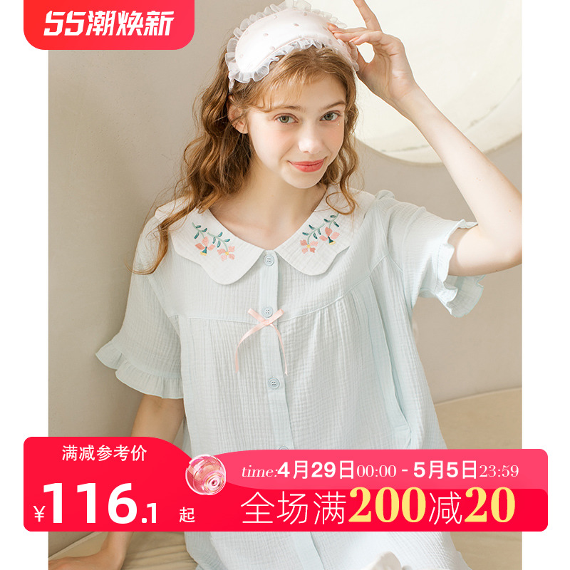 家时光哺乳睡裙夏薄款产后月子服短袖连衣裙7月份8产妇待产裙家居