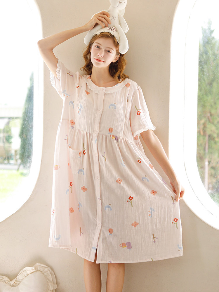 홈 시간 간호 잠옷 여름 순수 코튼 거즈 산후 출산 잠옷 복장 간호 및 임신 홈 스커트