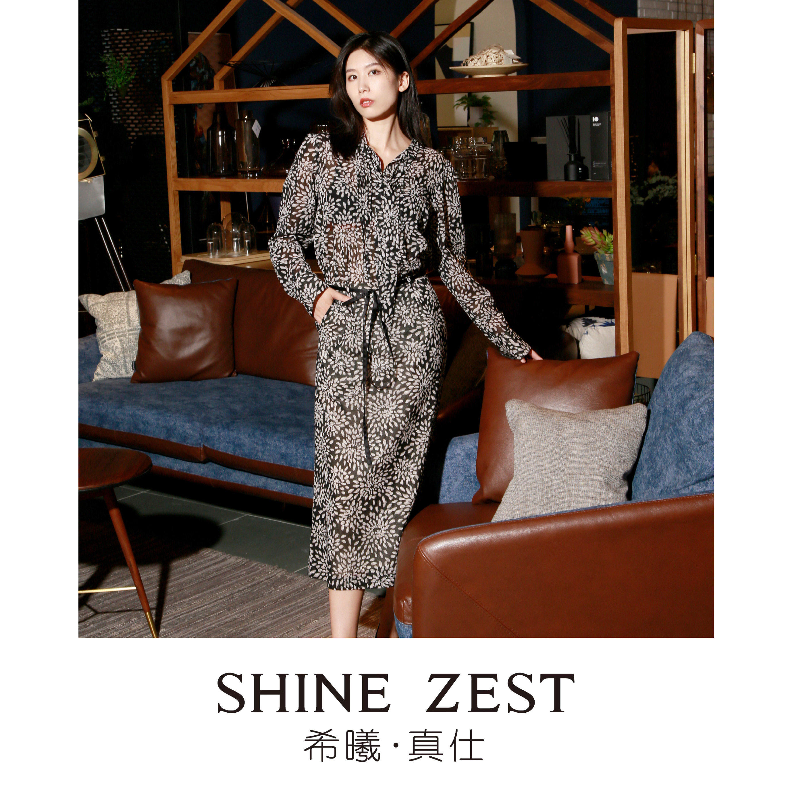 米黑色印花棉质腰间黑色丝质腰带长款A字裙半身裙