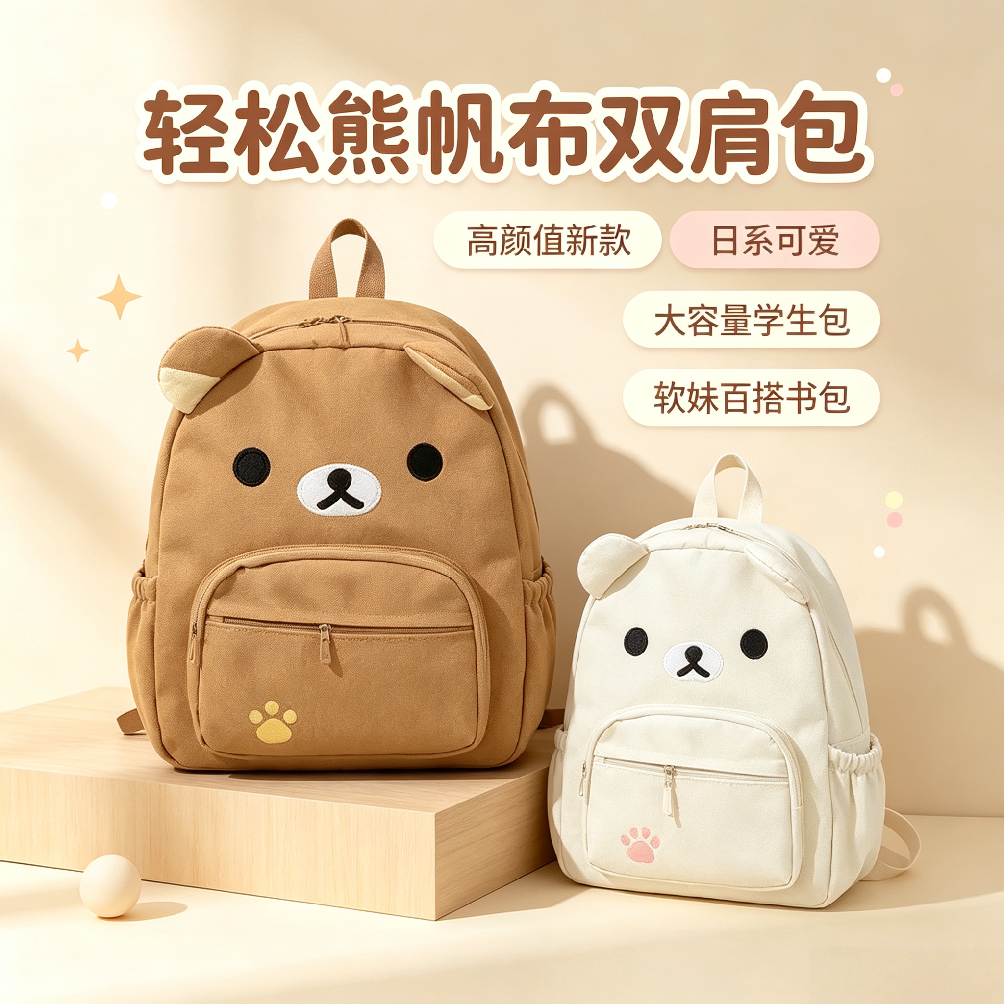 [店铺热销]新款自制日系可爱棕色轻松熊大容量百搭学生软妹双肩包