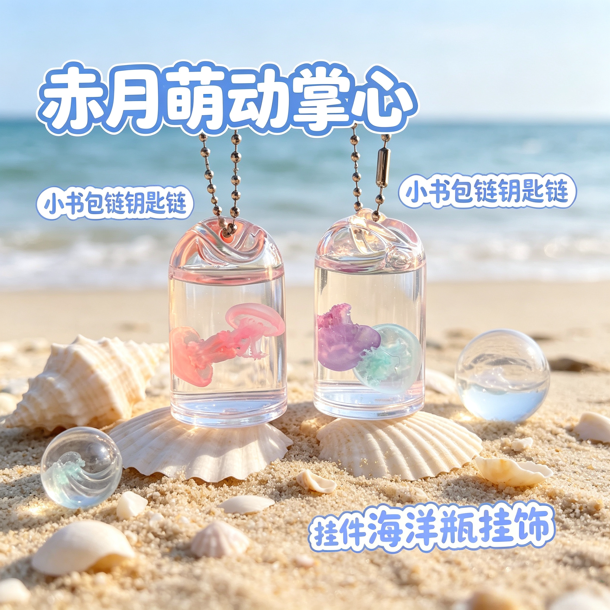 小书包链钥匙链水母标本挂件海洋瓶挂饰赤月萌动掌心非活体