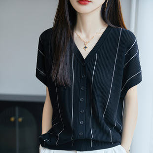 百搭减龄V领冰丝宽松上衣 天丝短袖 女士夏季 新款 洋气桑蚕丝t恤开衫