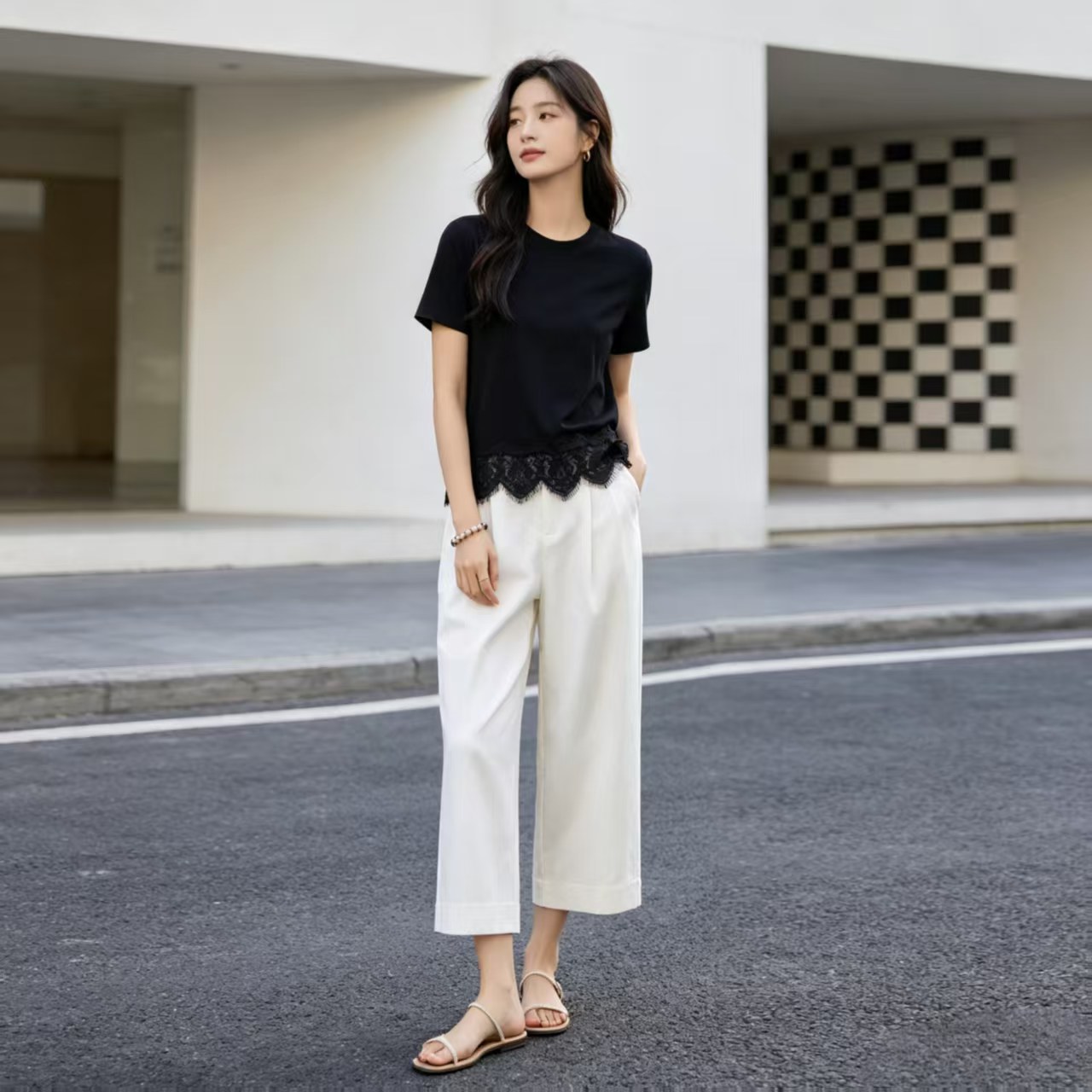 【凉感棉】蕾丝花边短袖T恤女士时尚套装