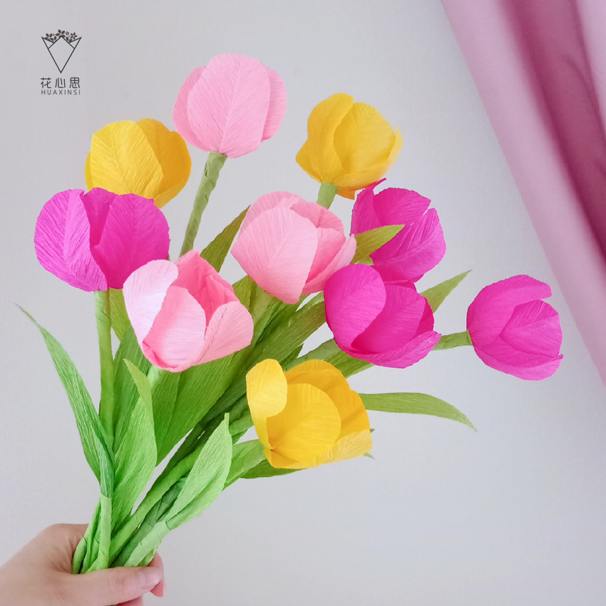 花心思纸艺皱纸花手工材料郁金香diy材料包母亲教师节纸藤花束