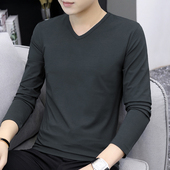 小衫 莫代尔男士 纯色秋衣服 内搭打底衫 V领秋季 长袖 t恤潮流潮牌秋装