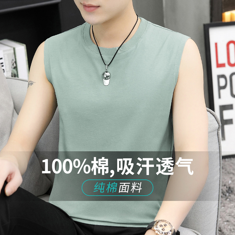 纯棉背心男士健身跨栏篮球运动坎肩宽肩纯色汗衫宽松全棉无袖t恤