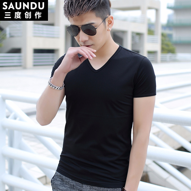 莫代尔棉短袖t恤男士V领纯色黑色修身冰丝半袖潮流夏装上衣服体恤