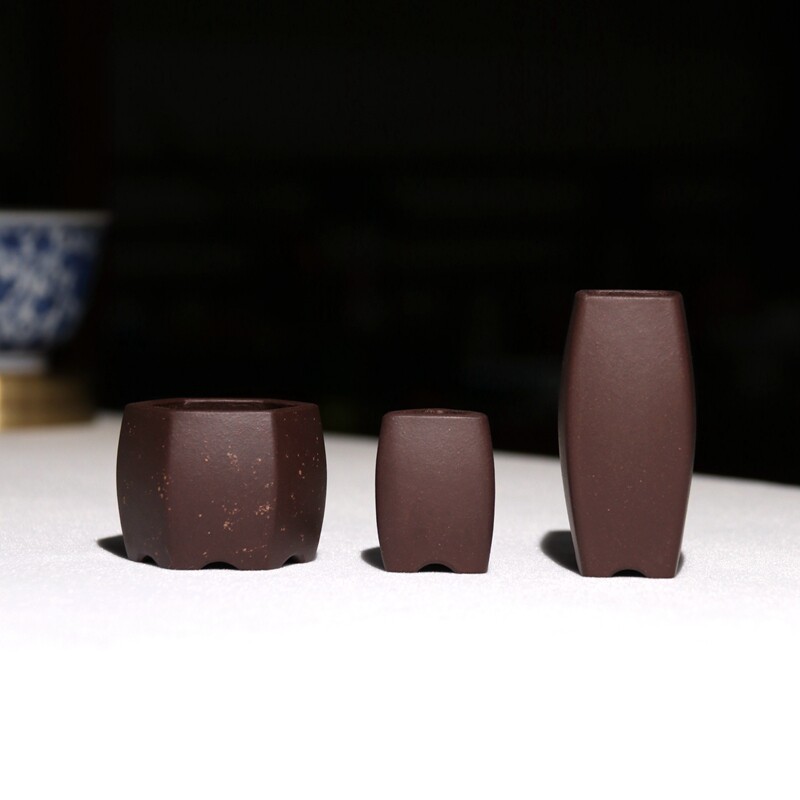 余六平精品全手工微型紫砂花盆迷你拇指盆豆盆三角六方把玩件菖蒲