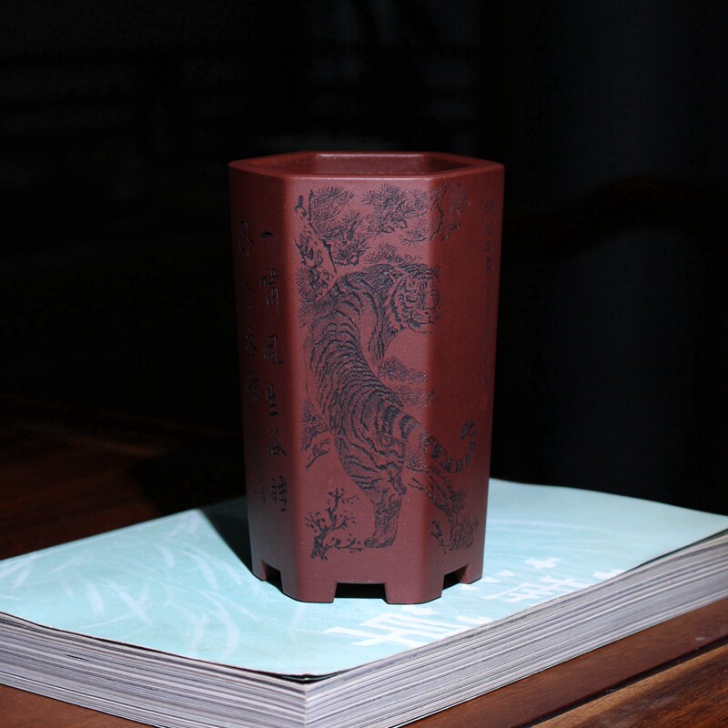 名家收藏王明莉全手工精品六方签筒紫砂花盆许雷雕刻双虎盆景盆栽