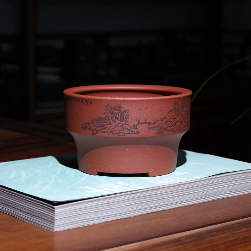 紫砂圆口形周向红山水花盆