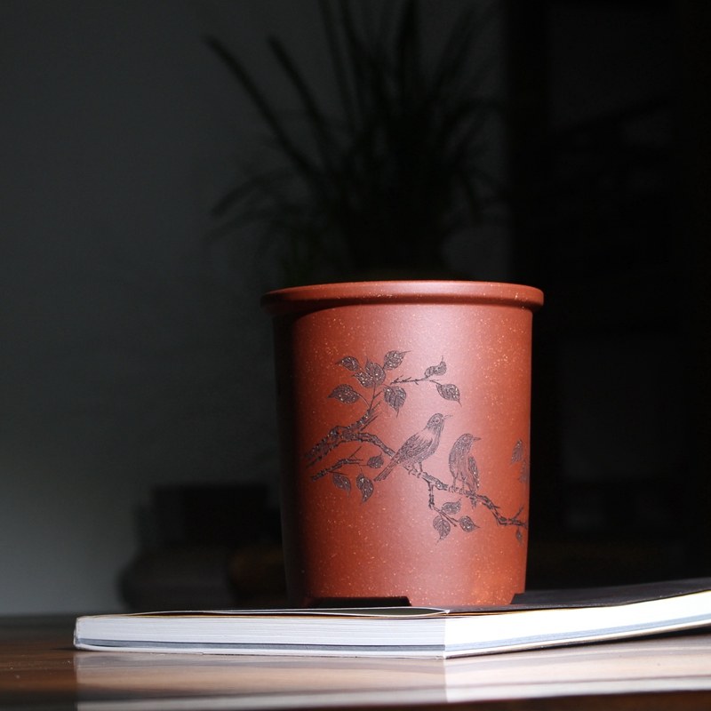 圆口形精品紫砂花盆周向红手工花鸟红小盆景兰花多肉菖蒲桌面绿植