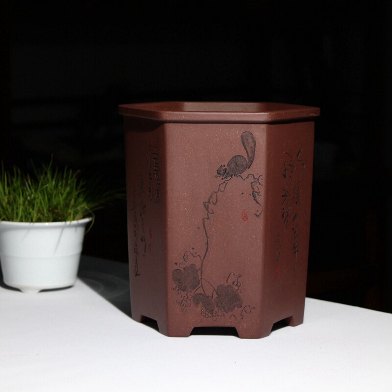 宽口六方形精辟紫砂兰花盆朱永南制无求雕刻盆景盆栽菖蒲盆