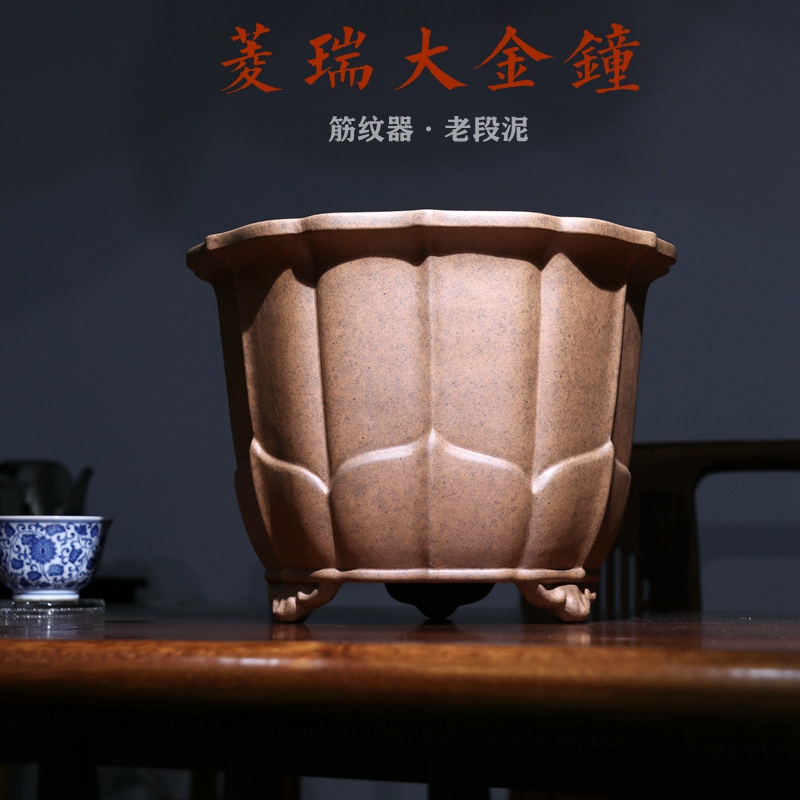 大金钟柴烧圆口筋纹深盆唯珍兰花
