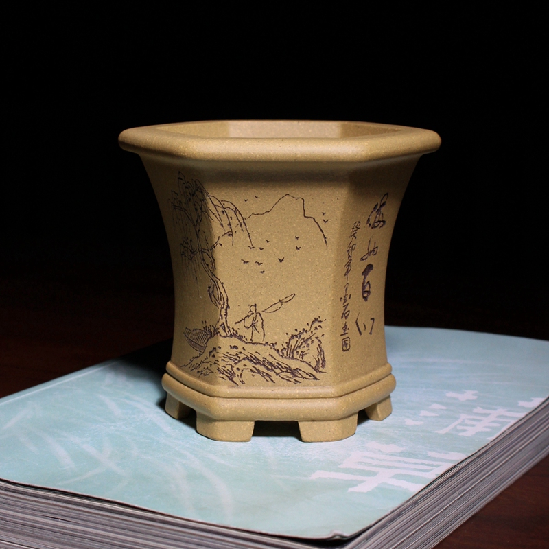 紫砂收腰双线六方唯珍花盆