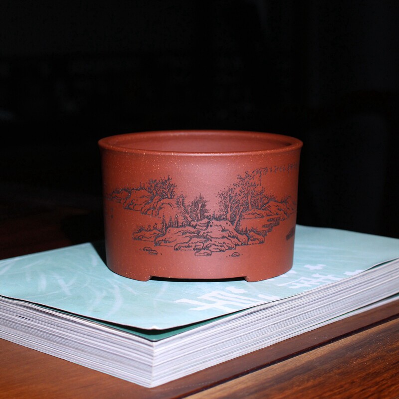 简圆形精品紫砂花盆周向红宜兴手工雕刻山水小盆景盆栽多肉菖蒲盆