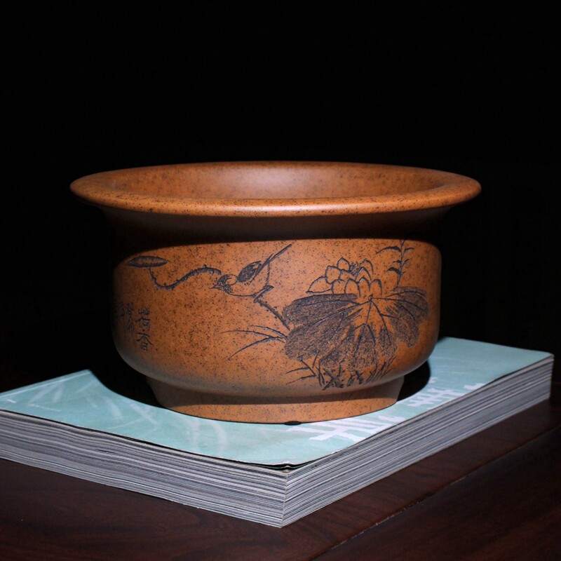 紫砂圆口形金钟柴烧花鸟图花盆