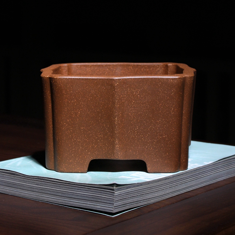 筋纹菱花四方形紫砂老段泥花盆