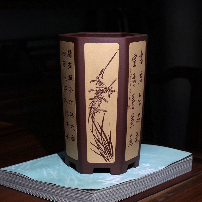 名家收藏精品紫砂花盆王明莉全手工六方签筒张建雕刻盆景盆栽兰花