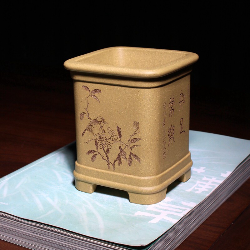 线韵四方形精品紫砂花盆小盆景盆栽多肉菖蒲唯珍手工刻绘古典简约