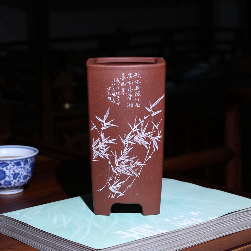 名家收藏枕式签筒蒋守卫寅石全手工小微型盆景盆栽兰花翠盖荷春兰