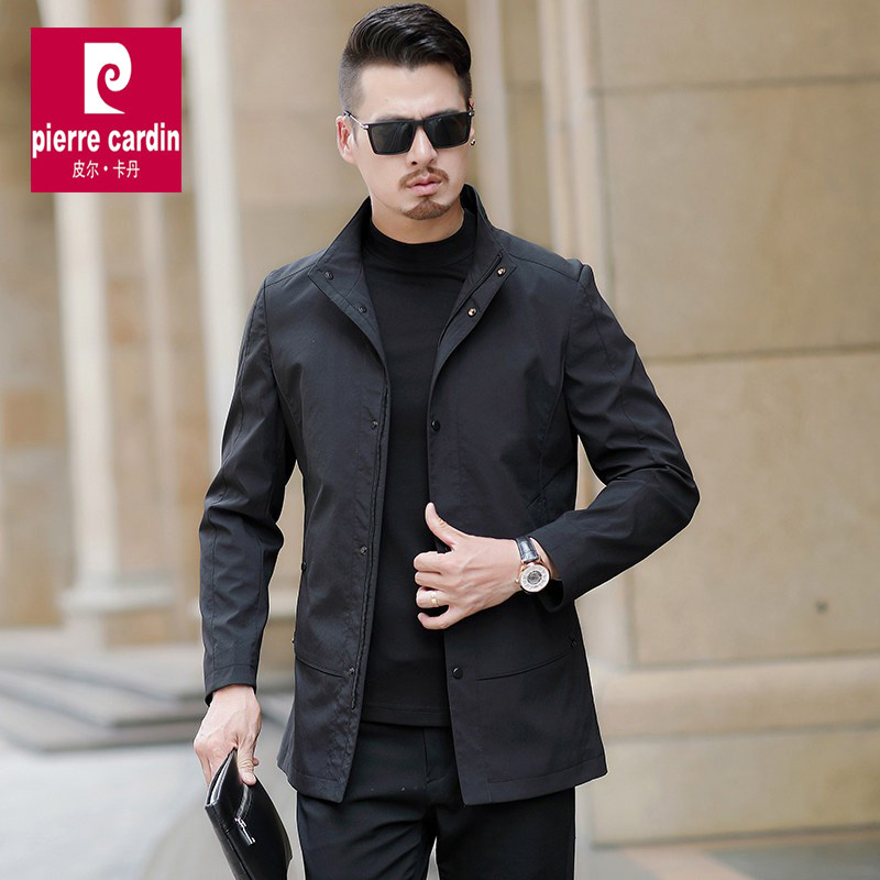 皮尔卡丹男士立领夹克春秋季风衣行政商务薄款外套中年休闲爸爸装