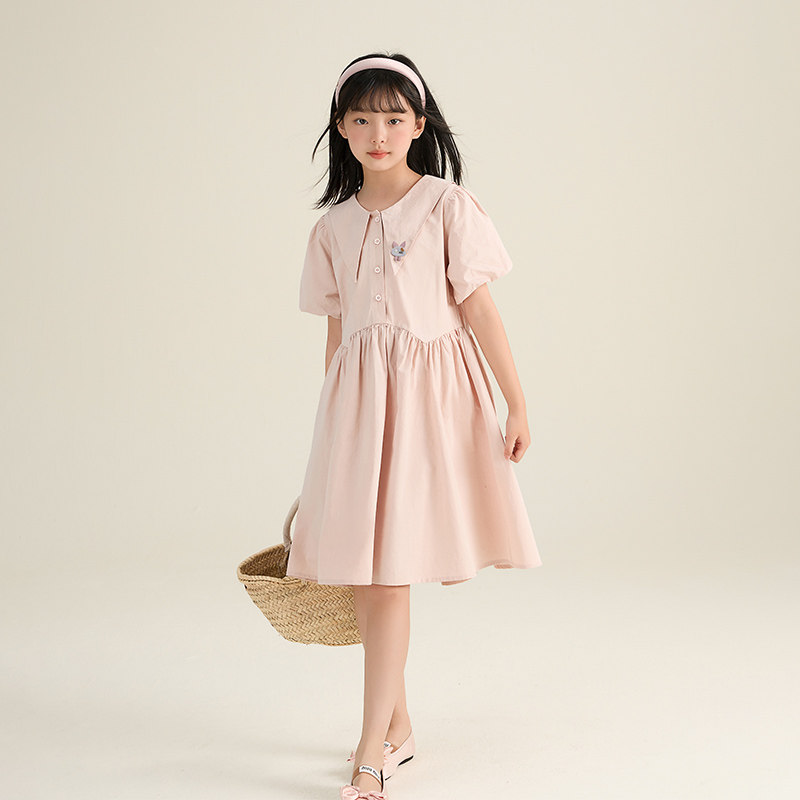 女童连衣裙中大童娃娃领棉布裙