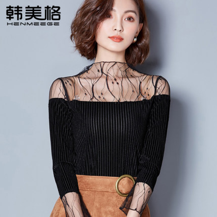 韩美格2018春装新款网纱打底衫女长袖修身显瘦拼接透视小衫上衣潮-tmall.com天猫