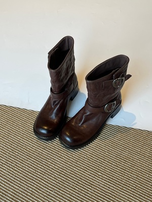 Claudie定制【5cm】高端版重工水洗牛皮粗跟皮带扣短靴女骑士靴女