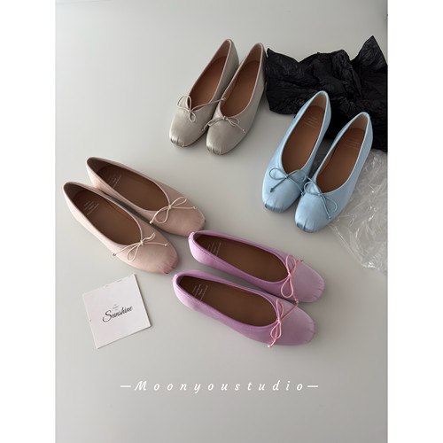 Moonyou 真丝圆头蝴蝶结平底浅口玛丽珍单鞋女春气质复古芭蕾鞋