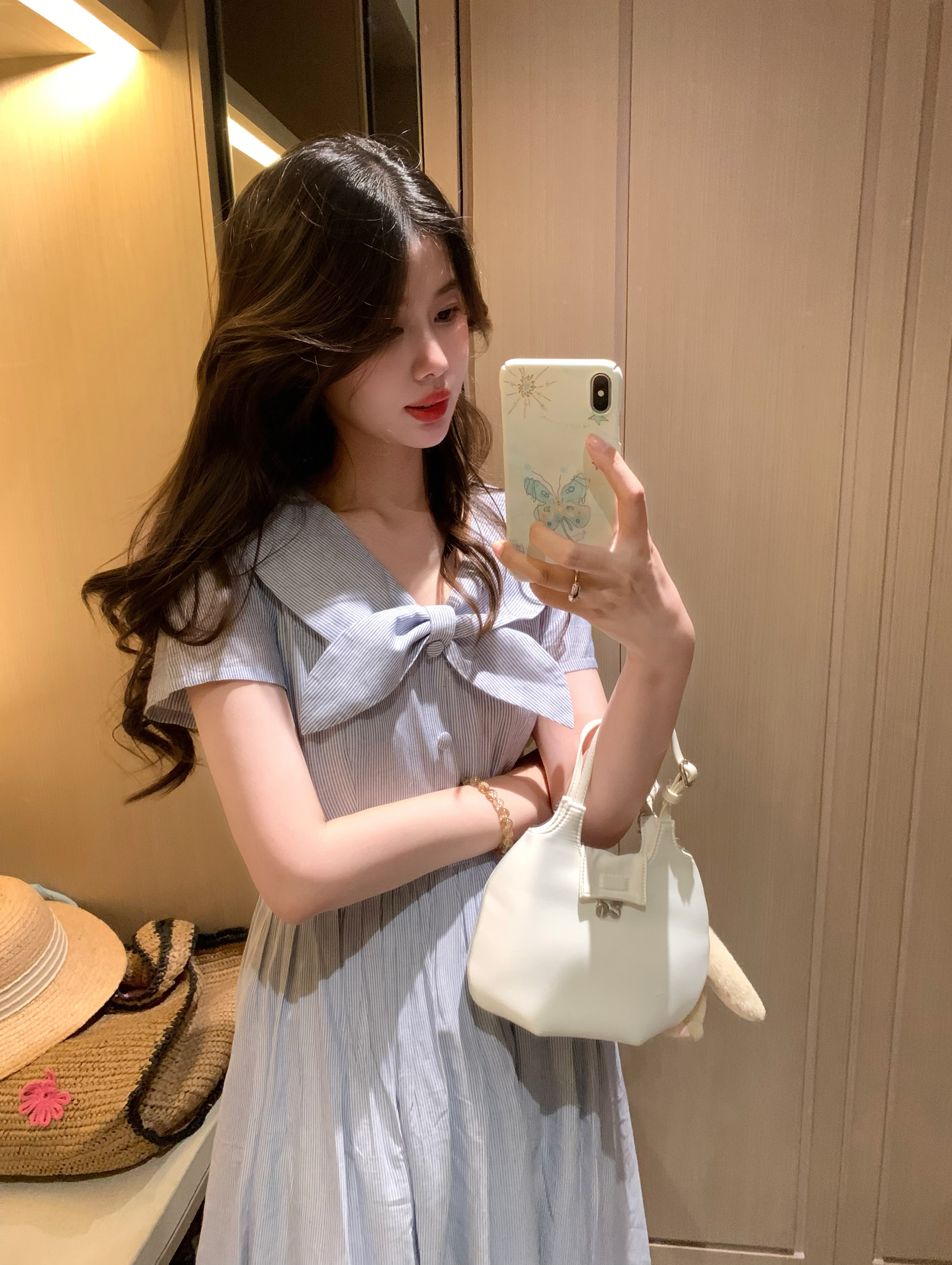 PINKMOON/兔耳朵 条纹刺绣花花长款连衣裙