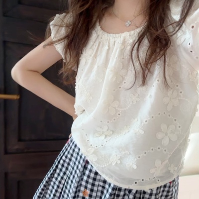 PINKMOOM/白山茶 立体花朵重工刺绣小衫 夏日两穿短袖上衣