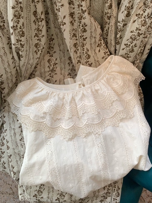 PINKMOON/牧羊少女 棉麻刺绣花边领衬衣 秋日百搭复古森系