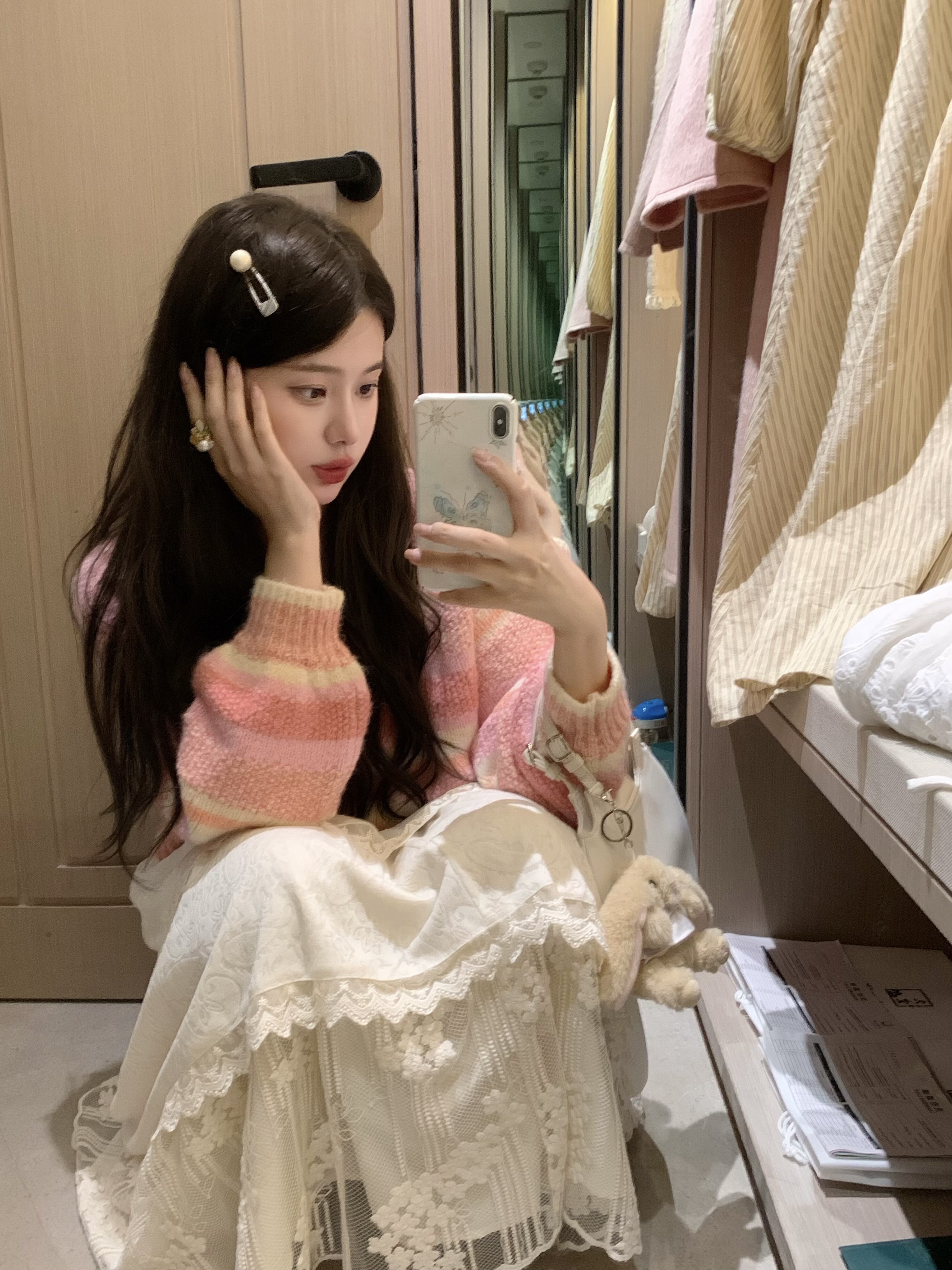 PINKMOON/云朵慕斯 奶白色拼接蛋糕裙 秋冬百搭蕾丝拼接长裙