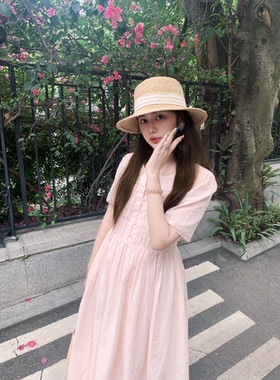 PINKMOON/柔雾桃枝 贝壳粉夏日连衣裙 蕾丝花边少女感长裙