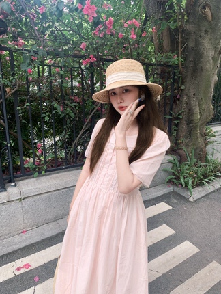 PINKMOON/柔雾桃枝 贝壳粉夏日连衣裙 蕾丝花边少女感长裙