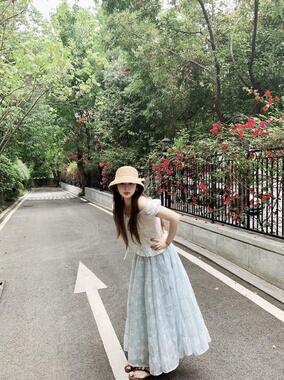PINKMOON/蓝铃花语 蓝色肌理感碎花少女显瘦长裙
