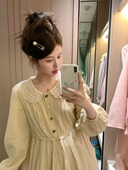 PINKMOON 花边刺绣领 连衣裙 秋日牧歌 奶黄条纹裙韩系条纹长款