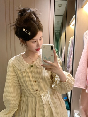 PINKMOON/秋日牧歌 奶黄条纹裙韩系条纹长款连衣裙 花边刺绣领