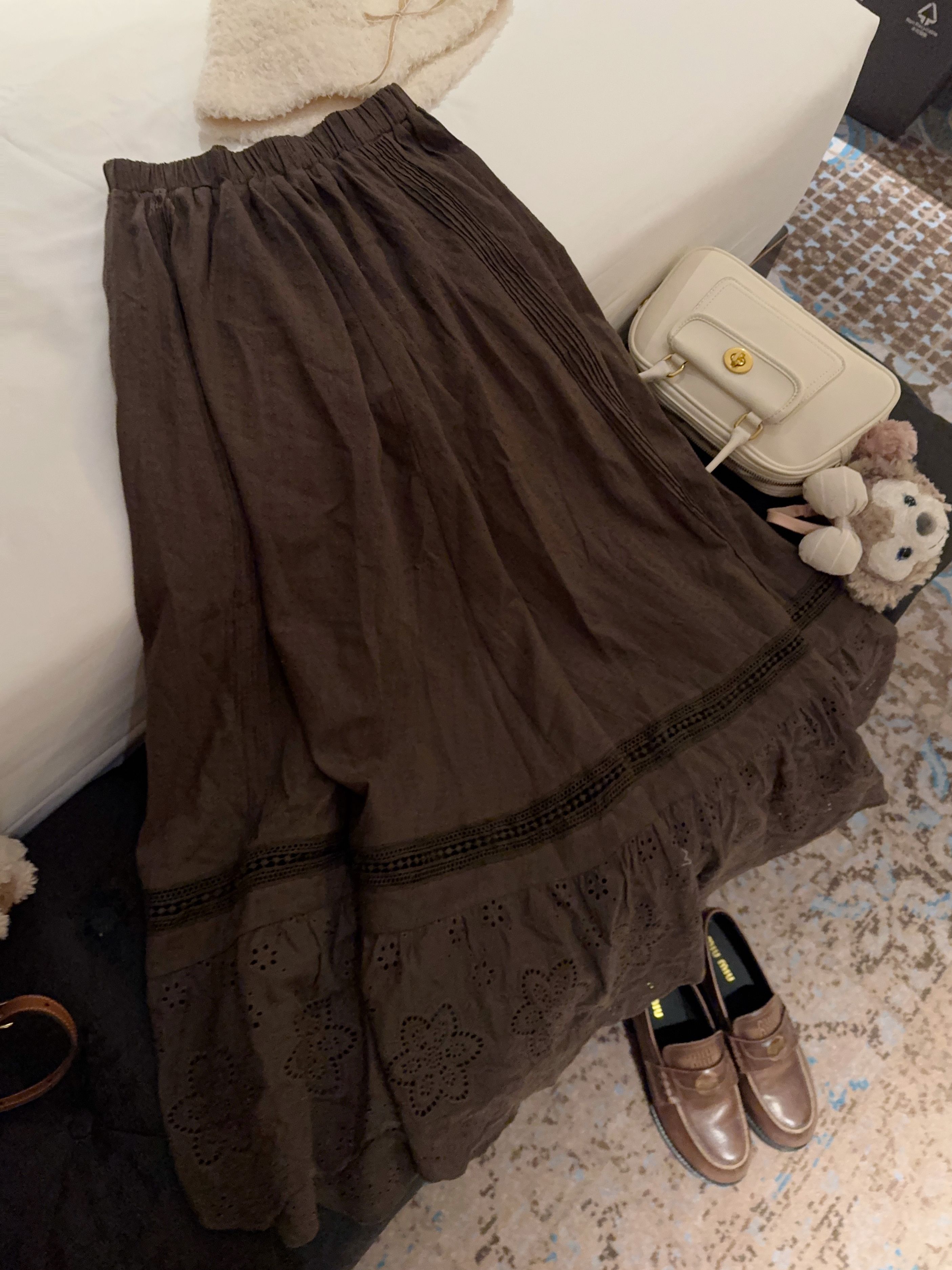 PINKMOON/秋叶梧桐 定染色系棕色复古长裙 钩花刺绣半身裙