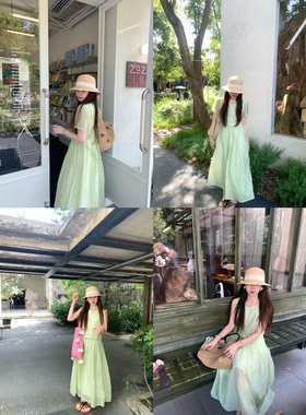 PINKMOON/青萝语 两穿背心裙 苹果绿氧气感夏日波点短袖长裙