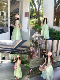 PINKMOON/青萝语 两穿背心裙 苹果绿氧气感夏日波点短袖长裙