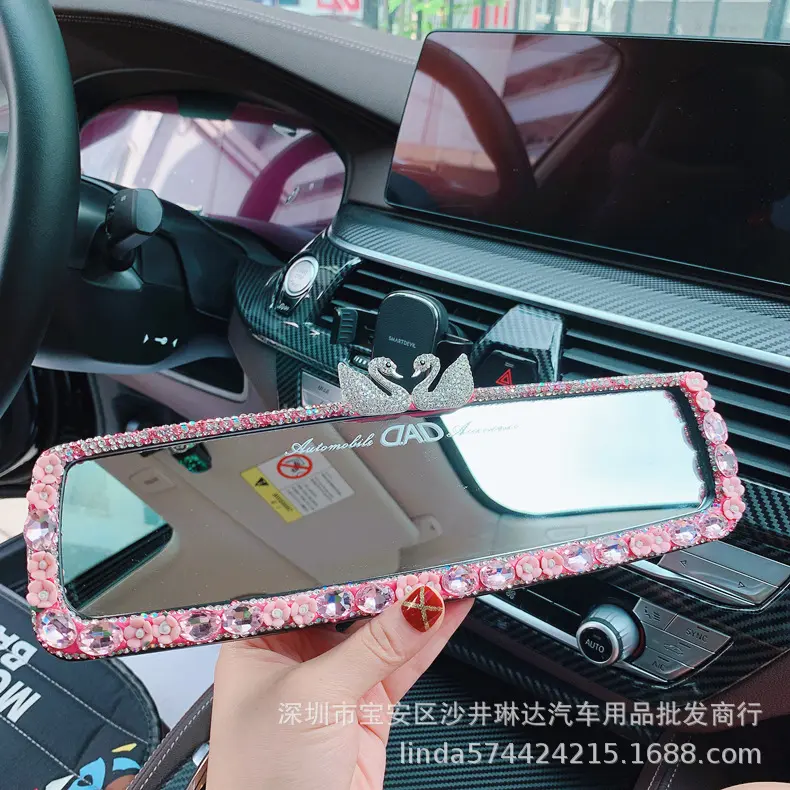 汽车后视镜套装饰品水钻可爱镶钻双天鹅车内车载倒车镜框装饰品