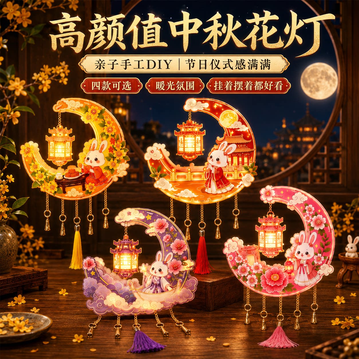 中秋节手提花灯月牙古风兔子灯笼